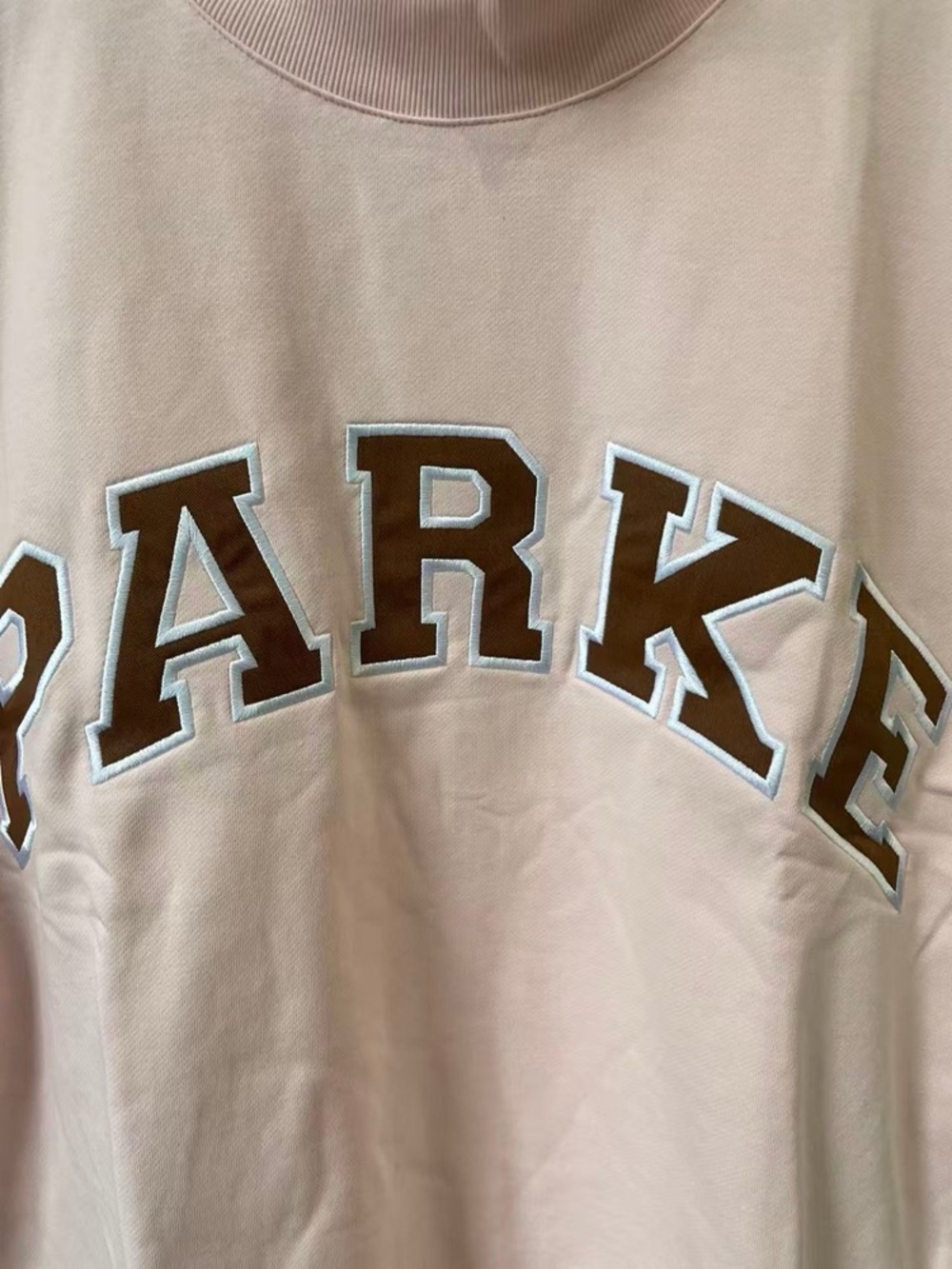 Parke Women's Soft Light Pink Crewneck Sweatshirt with Brown Lettering - Picture 2 of 5